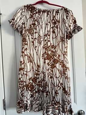 After Five White and Brown Floral-Print Midi Dress with Ruffle Hem sz 4 silk